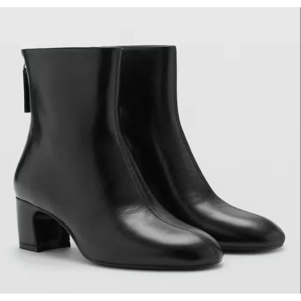 NEW MANGO MNG BLACK CLAIRE LEATHER HEELED ANKLE BOOTS BOOTIE SZ 39 US 8.5 - Picture 1 of 5